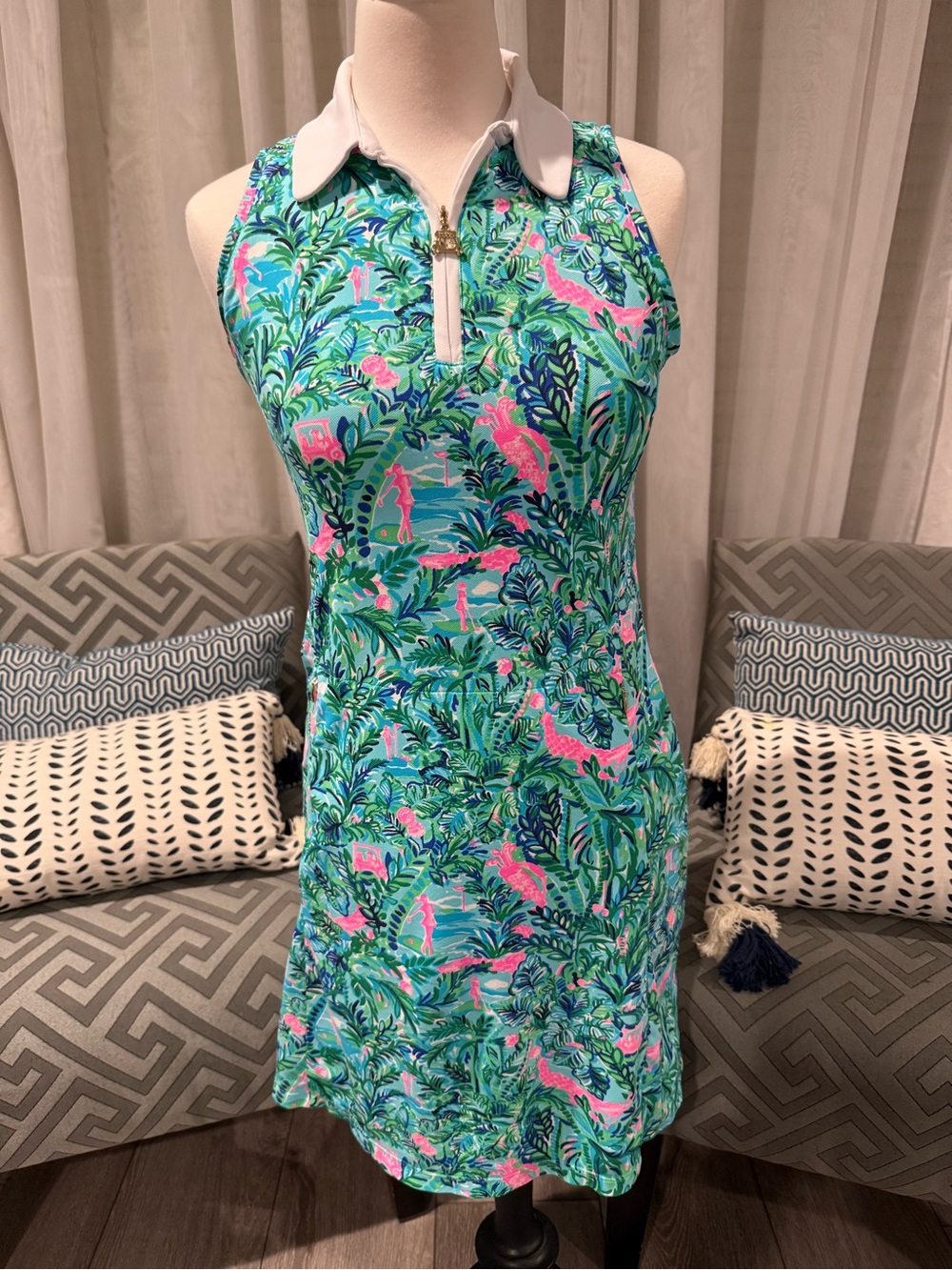 Lilly Pulitzer Tropical Sleeveless Polo Golf Dress in Teal, Pink, White